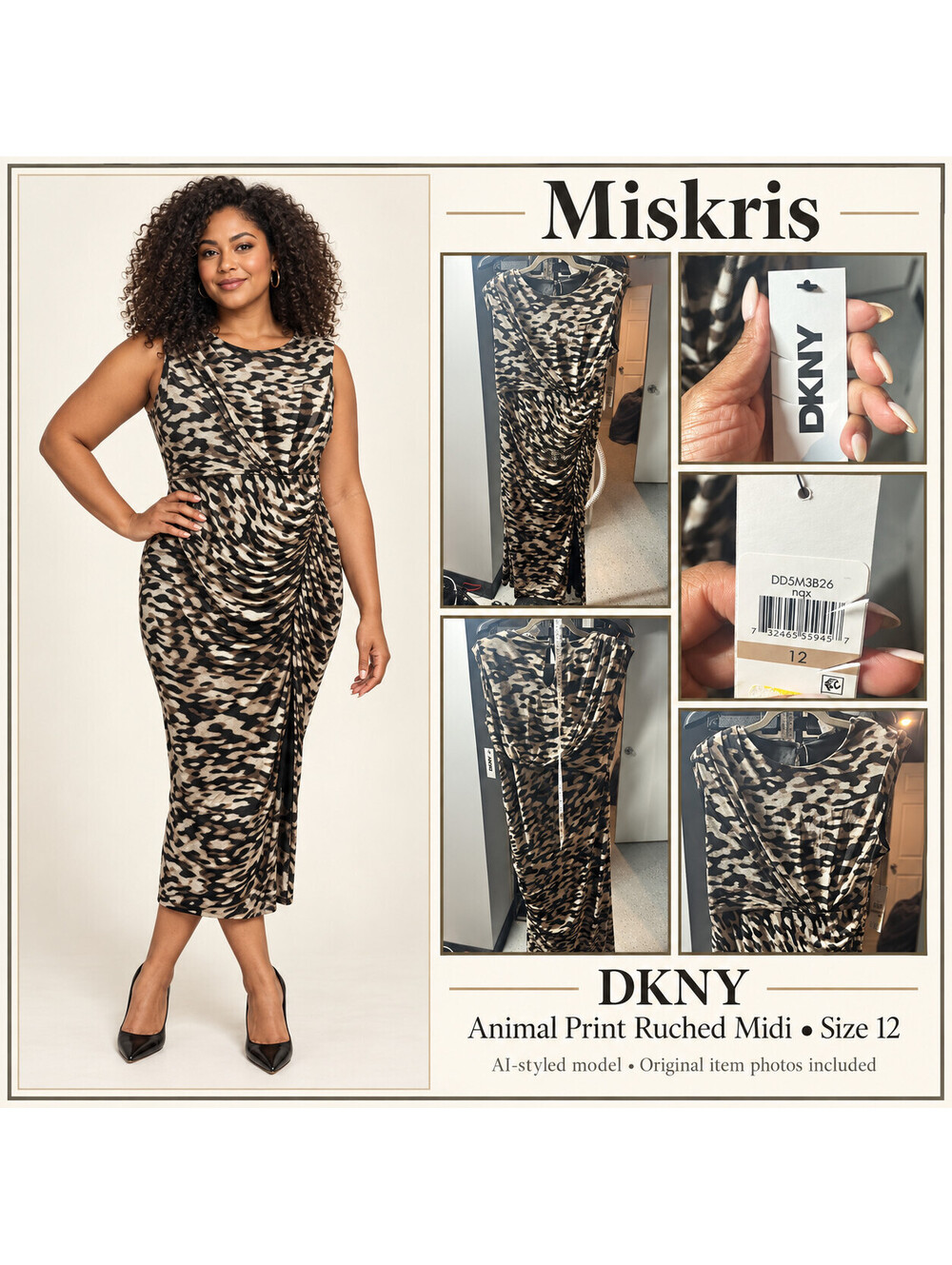 DKNY Animal Leopard Print Ruched Midi Dress Size 12 Sleeveless Black Beige